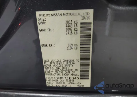 2021 Nissan Altima Sl Intelligent Awd from USA, damaged, VIN 1N4BL4EW0MN310345